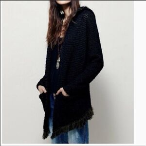 Free People Love Me Tender Knitted Cardigan Fringe Hooded Open Front Black XS‎